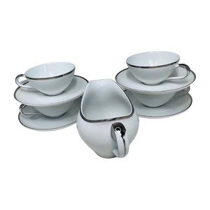 Harmony House Moderne Platinum Trim 4 Cups and Saucers & Creamer Japan No. 3545